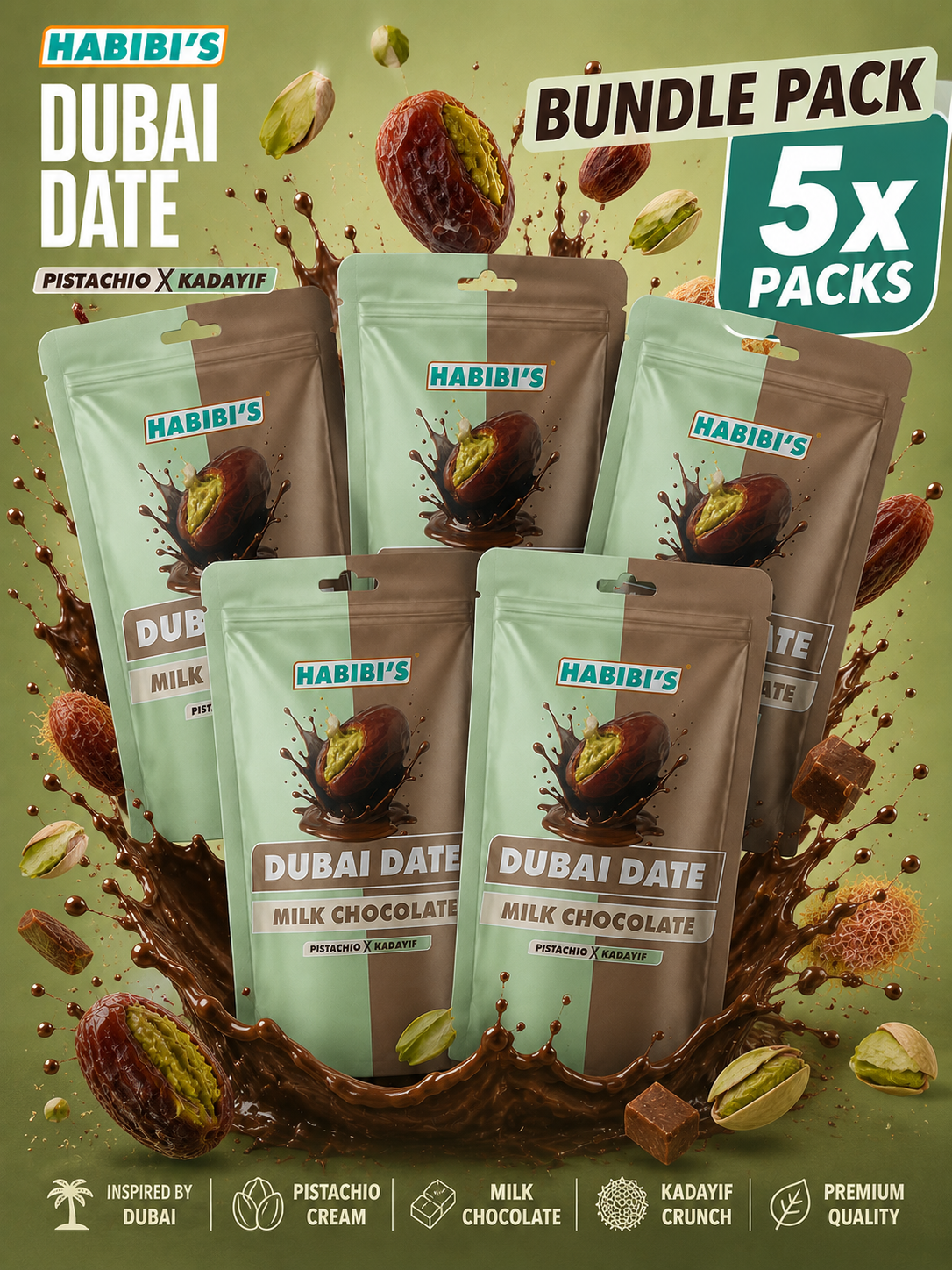 5x Habibi’s Dubai melkchocolade met dadel, pistache & kadayif (bundel)