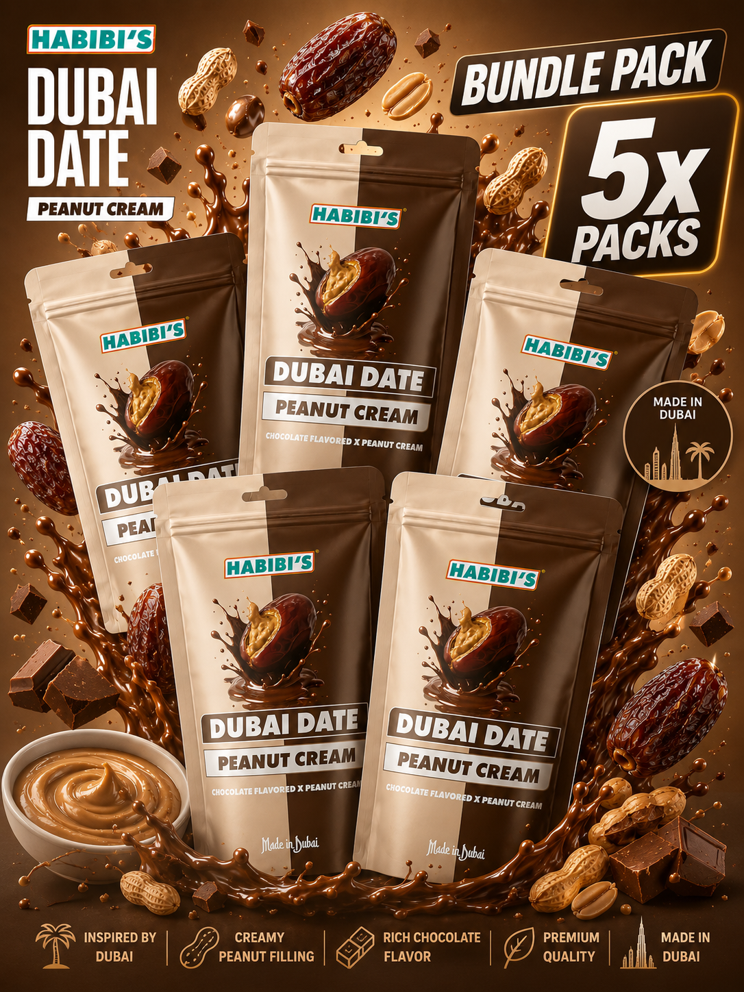 5x Habibi’s Dubai Dattel-Erdnuss-Creme 100g (Vorteilspackung)
