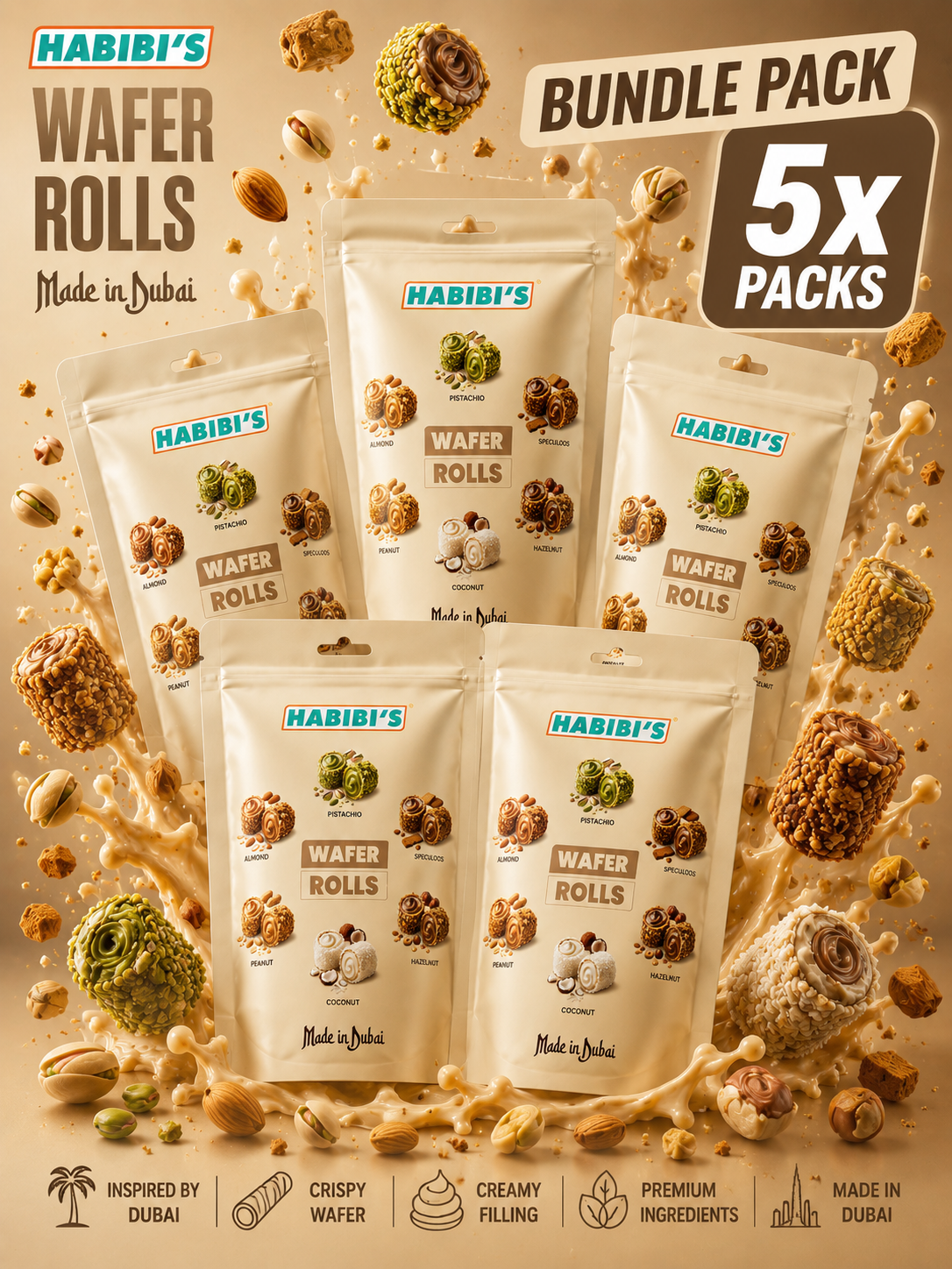 5x Habibi’s Waffelröllchen Mix 100g (Multipack)