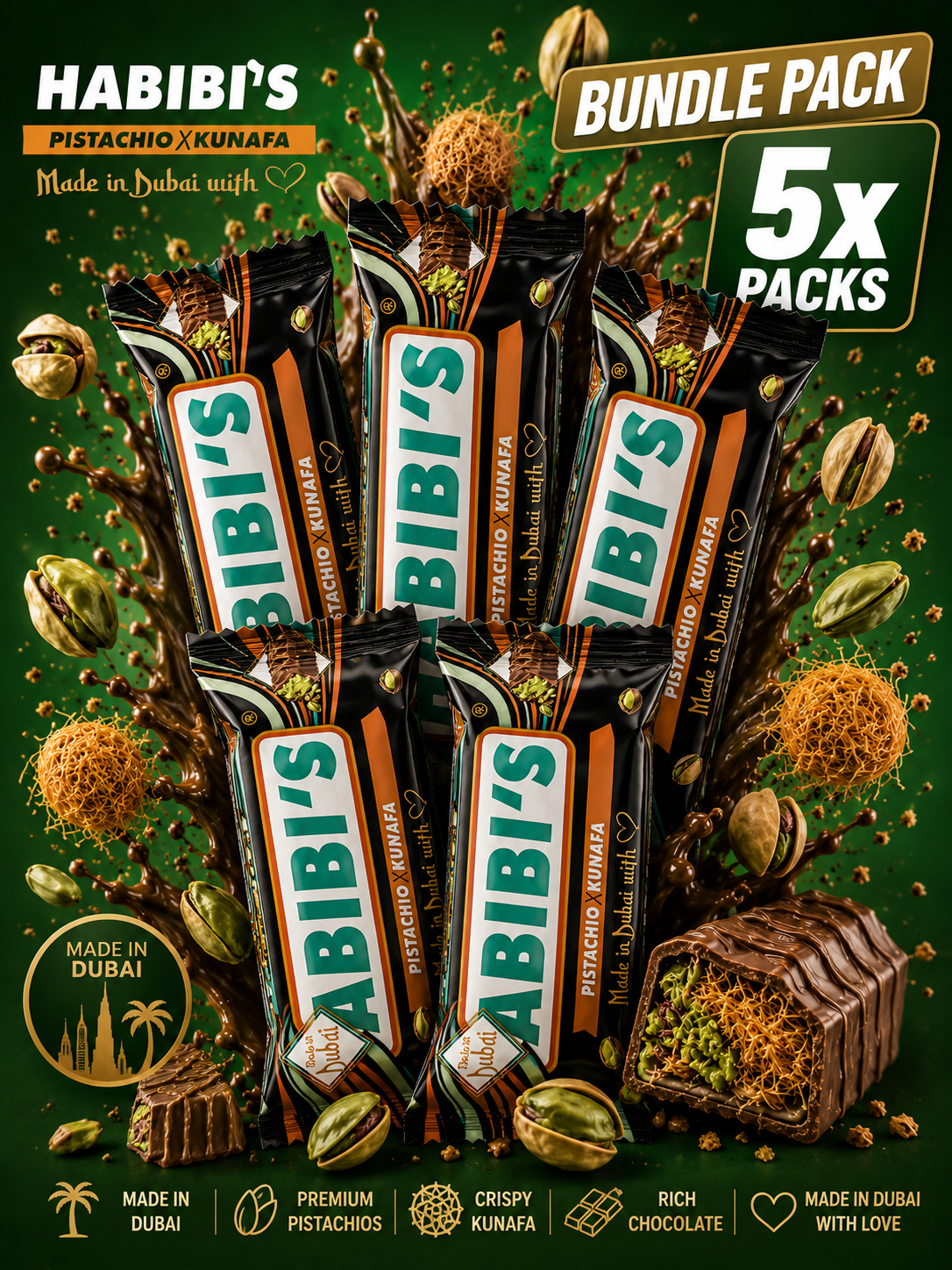 5x Habibi’s Dubai Bar Vollmilchschokolade 40g (Multipack)